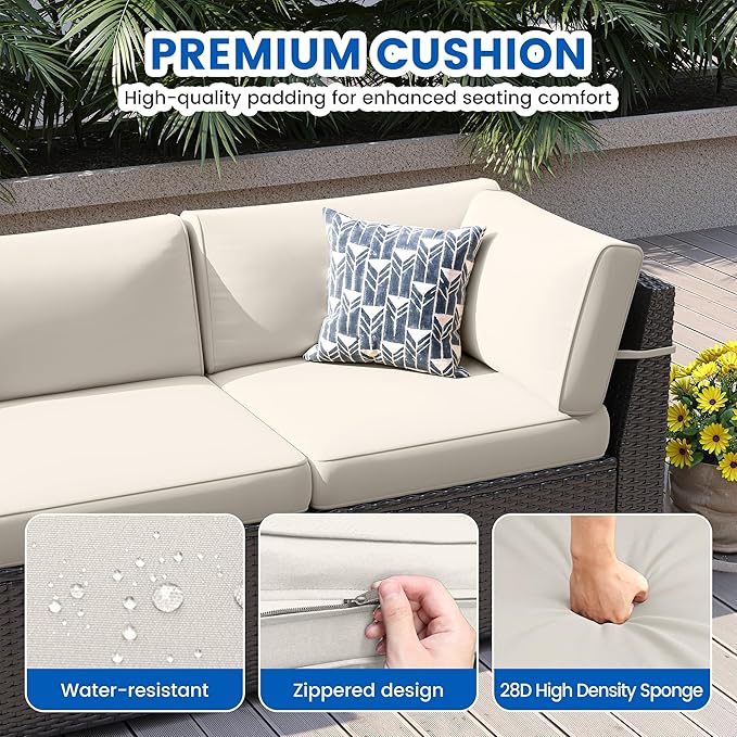 8 Piece Patio Furniture Set with 44” Fire Pit Table All-Weather Wicker Conversation Sectional Sofa & Coffee Table with Thickened Cushions for Backyard, Garden(Khaki)