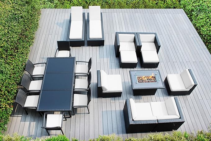 20 Piece Outdoor Patio Furniture Black Wicker Conversation Set with Fully Assembled Sectional and 42-inch Propane Gas Fire Table