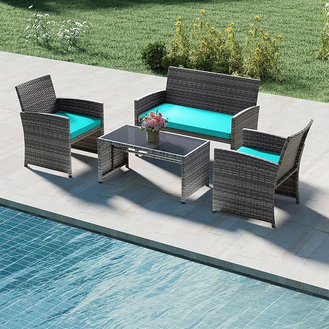 Tangkula 4 Piece Patio Wicker Furniture Set, Outdoor Heavy Duty Rattan Cushioned Chairs, Loveseat and Tempered Glass Coffee Table, for Backyard, Balcony, Poolside