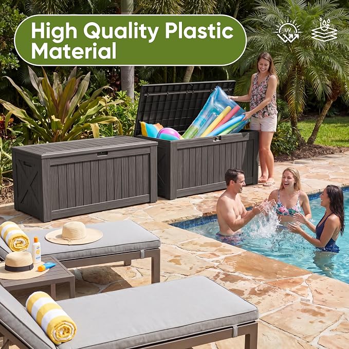 Flamaker Resin Deck Box 120 Gallon Waterproof Large Outdoor Indoor Storage Box Imitation Wood Resin for Patio Furniture Garden Tools and Pool (Deep Brown)