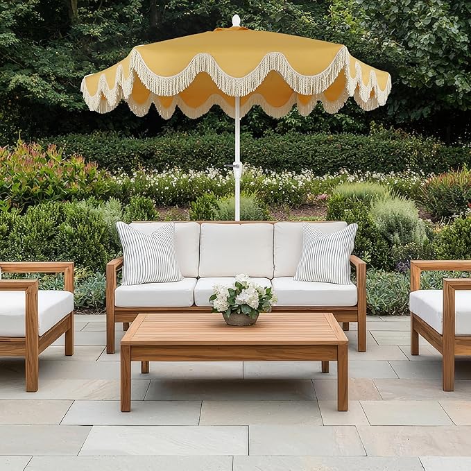 JONATHAN Y UMB1001 Collins 9 ft. Classic Cottage Tassel Market Patio Umbrella with Auto-Tilt, Crank, Wind Vent and UV Protection