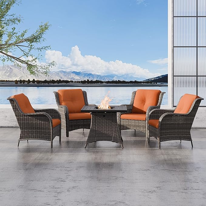 5 Pcs Patio Furniture Set with Fire Table-31'' Fire Pit Table, 4 Outdoor Rattan Wicker Conversation Chairs (4 Fixed Chairs) (Orange)