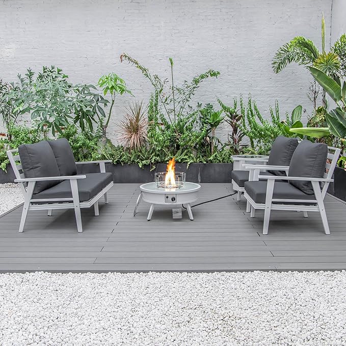 LeisureMod Walbrooke Modern Aluminum 5-Piece Patio Conversation Set with Outdoor Round Firepit Table & Side Table Tank Holder (Charcoal)