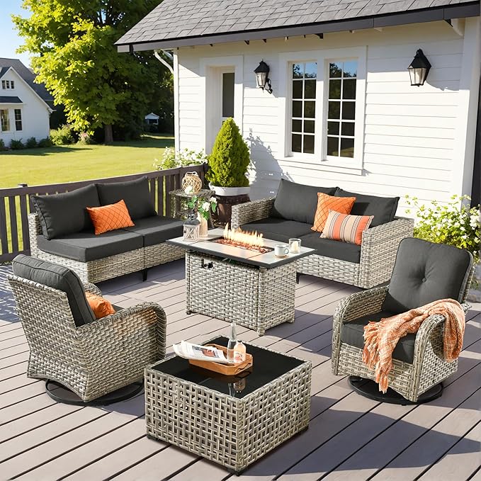 Outdoor Patio Furniture Sets,9 PCS Patio Conversation Set Outside Rattan Sectional Sofa with 42 in Square Fire Pit Table Wicker Rocking Chair Coffee Table Fit Backyard Garden Poolside Balcony