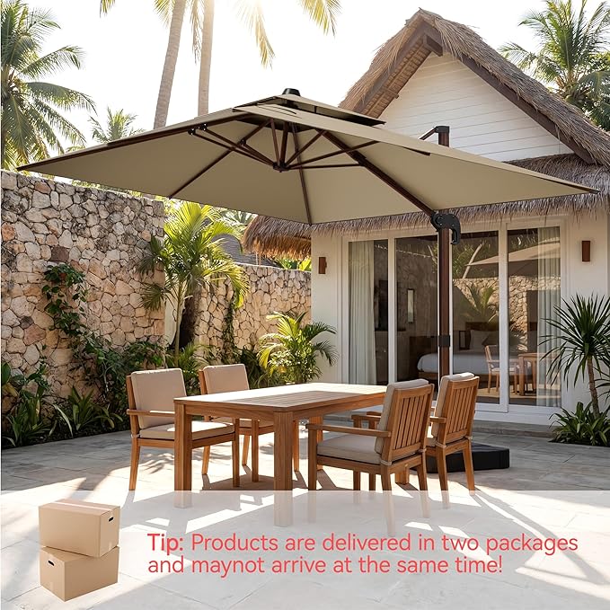 10x13 FT Wood Pattern Patio Umbrella with Base, Large Deluxe Cantilever Rectangular Double Top Heavy Duty Offset Umbrellas with 360° Rotation, Outdoor shade for Garden Pool Patio, Tan