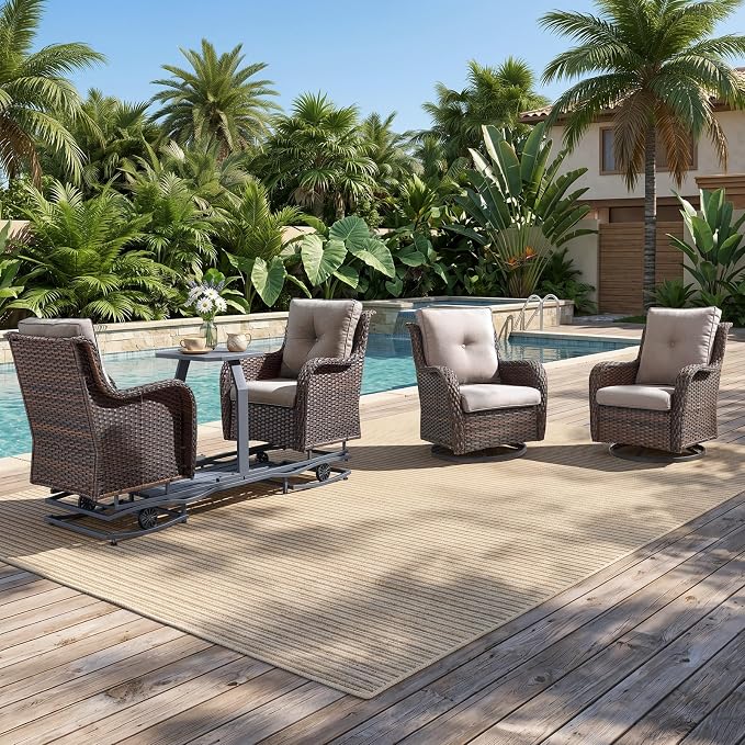 Rilyson Luxury Outdoor Wicker Glider Rocker Chairs for 4 Person, Outdoor Furniture Sets with 2 Piece Wicker Swivel Rocker Chairs, Rattan Glider Rocker Chairs with Table for 2 Seats Brown/Beige
