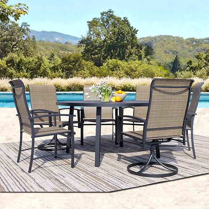 7 Piece Outdoor Patio Dining Set for 6, 47" Black Round Metal Table with 6 Mocha Chairs, All-Weather Outdoor Furniture Set for Backyard, Lawn, Deck, or Poolside