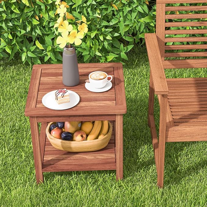 RELAX4LIFE Adirondack Outdoor Side Table - 2-Tier Acacia Wood Square End Tables w/Slatted Tabletop & Shelf for Garden Porch Pool, Indoor Outdoor Companion, Wooden Small Patio Table (2, Natural)