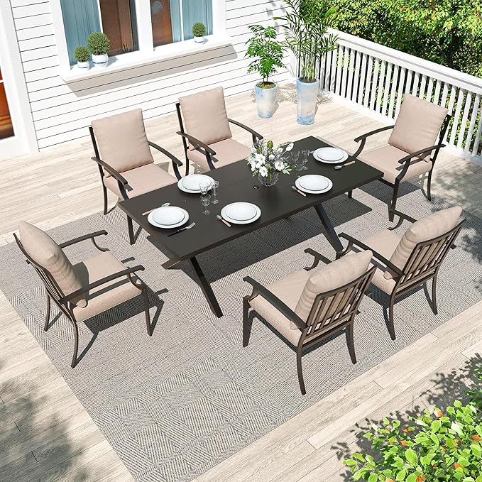 Gotland 7 Piece Outdoor Dining Set, Metal Outdoor Table and Chairs with X-Shaped Legs 1.5" Umbrella Hole, Patio Furniture Set with Waterproof Cushions, Patio Dining Sets for Backyard Deck Khaki