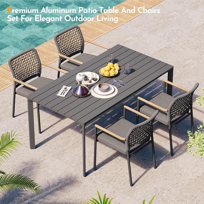 Modern Shade 5 Piece Luxury Outdoor Dining Set, Designer Outdoor Table and Chairs with Fade Resistant Cushions & FSC Teak, Premium Aluminum Patio Table and Chairs Set for Elegant Outdoor Living, Gray