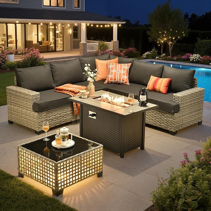 Outdoor Sectional Patio Furniture Set with Fire Pit,7 Pieces Rattan Conversation Sets,Out Door L Shaped Furniture with Glowing Coffee Table,Black