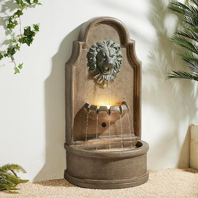 Glitzhome Tiered Wall Mounted Outdoor Water Fountain With LED Light - Vintage European Style 3-Tier Oversized Lion Head Waterfall - Faux Granite for Garden, Patio, Deck, Porch, 31.75"H