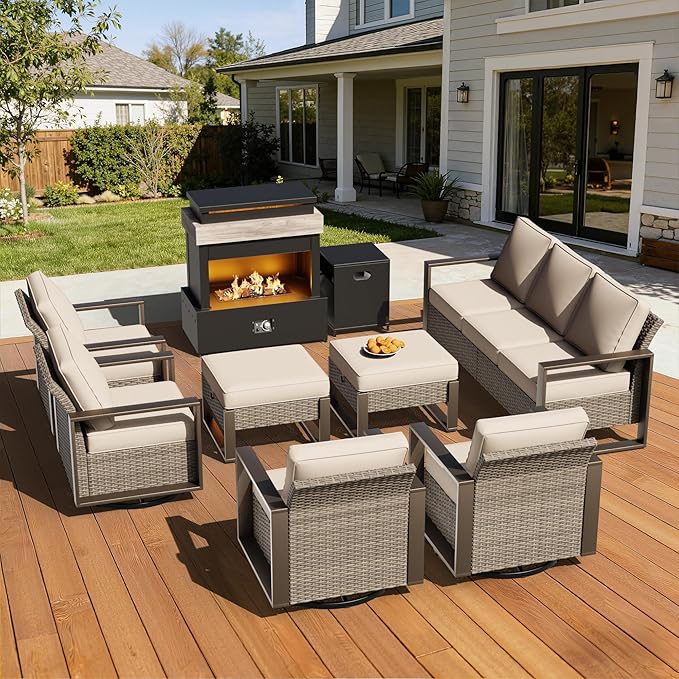 8 Pieces Metal Wicker Patio Furniture Set - 75" Sofa, Four Swivel Chairs and Two Ottomans, One Fireplace All Weather Rattan Outdoor Conversation Furniture with Washable Cushion for Deck, Beige