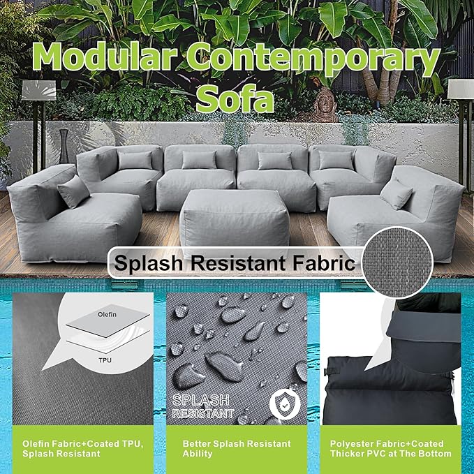 Patio Furniture Set Bean Bag 7 Pieces Outdoor Chairs Sectional Conversation Patio Set Daybed Furniture Outdoor Sofa Couch High Density Foam Filling Modern Comfy Patio Couch, Dark Gray