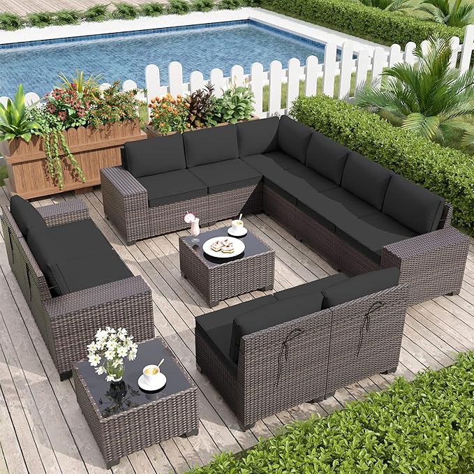Patio Set Sofa 12-Pieces Wicker Sectional Sofa Set, Outdoor Furniture Rattan Patio Conversation Set with Cushions and Glass Coffee Table, Black