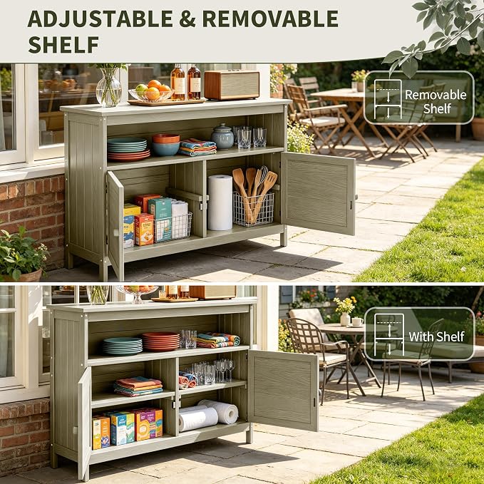 HIPS All-Weather Outdoor Storage Cabinet,Outdoor Sideboard with Magnetic Doors,3-Shelves Patio Storage Cabinet, Used for Garden,Buffet Cabinet,TV Stand, Bar Table,Balcony