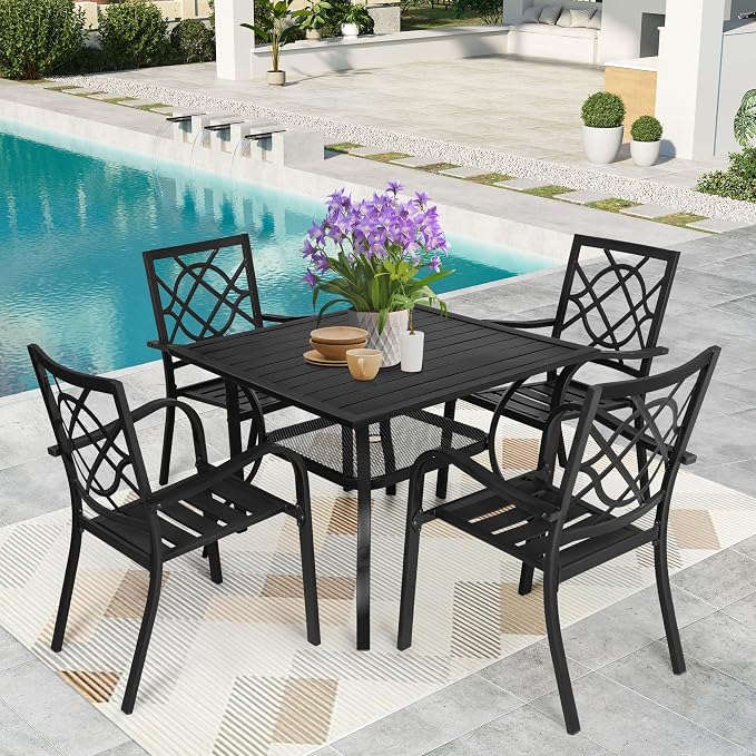SUNCROWN 5-Piece Outdoor Dinging Set, Wrought Iron Chairs and Table Patio Dining Furniture Set - 4 Stackable Metal Chairs, 1 Steel Slat Bistro Table for Garden Backyard Deck