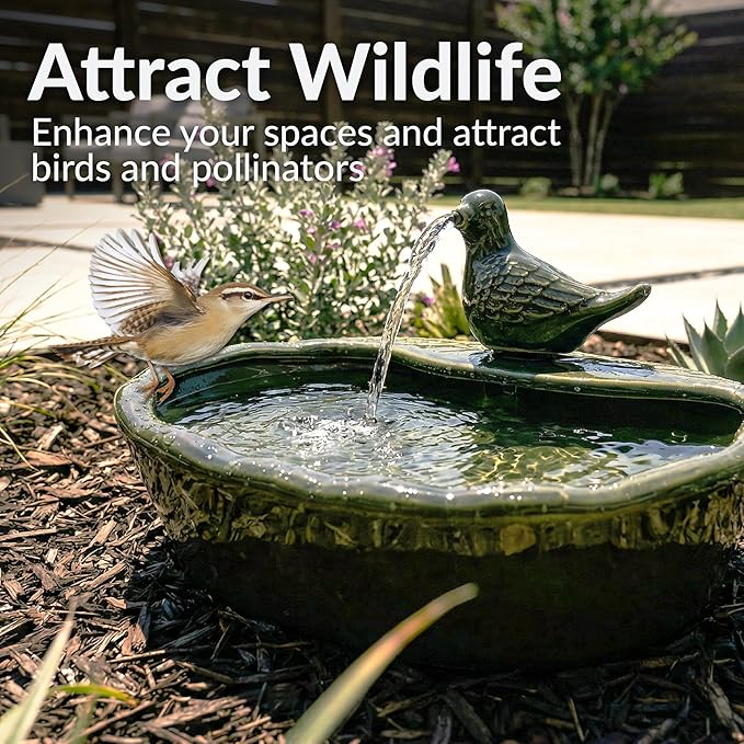 Sunnydaze Ceramic Solar-Powered Water Fountain - Green Glaze - Low-Voltage Submersible Pump with Filter - Dove