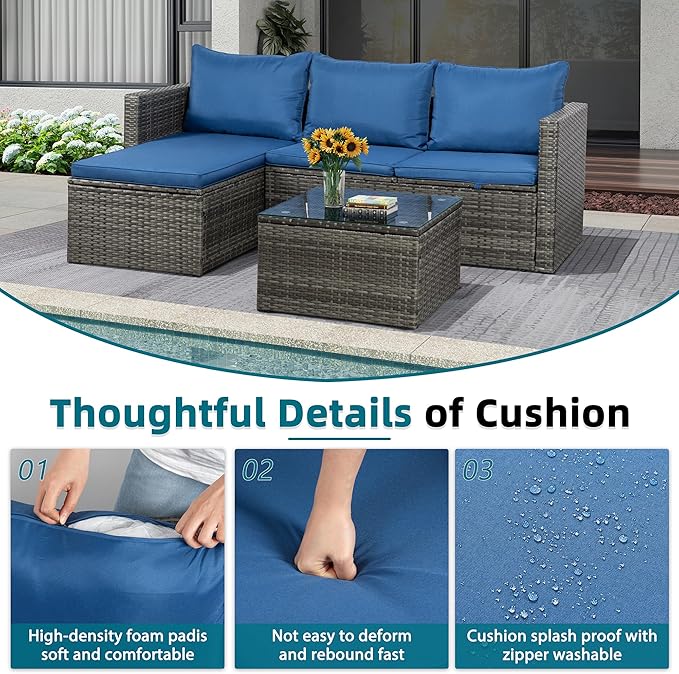 SUNLEI Small Outdoor Sofa Patio Furniture Set with Detachable Cushions, 3 PCS Patio Sectional Sofa with Coffee Table & 5 Position Adjustable,PE Rattan Patio Conversation Set, Silver Rattan/Royal Blue