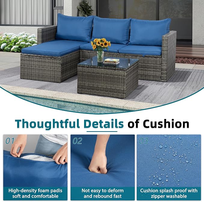 SUNLEI 3-Piece Patio Sectional Sofa, Patio Furniture Set with Detachable Soft Cushions, Outdoor PE Rattan Patio Conversation Sofa Set with Glass Coffee Table & Ottoman, Silver Rattan/Blue