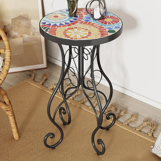 Outdoor Metal Side Table with Ceramic Tile Top Mosaic Patio Side Table and Plant Stand Tables, Round Side Table Iron End Tables for Yard Porch Balcony Garden, Daisy Red