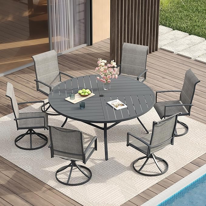 VICLLAX Patio Dining Set for 6, 6 Seats Outdoor Furniture Includes 53.1" Round Patio Table and Swivel Padded Chairs, Grey Tabletop and Grey Fabric