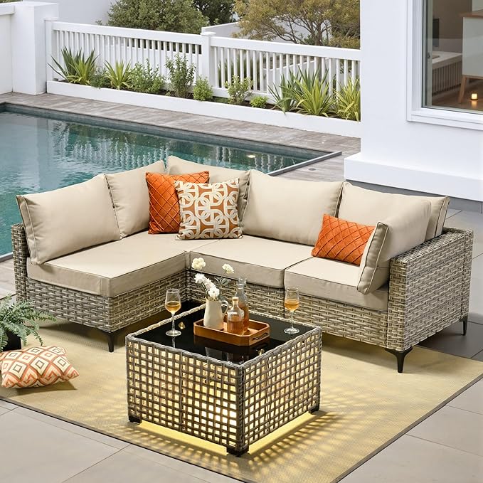 5 Pieces Patio Furniture Set with Solar Light Coffee Table, All-Weather Rattan Outdoor Sectional Conversation Sets L Shaped Sofas for Outside Porch Balcony Backyard Beige