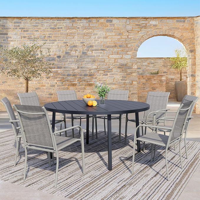 9 Pieces Patio Dining Set for 8, Grey Patio Stackable Chairs and Black Round Table Set of 8, Outdoor Furniture Set with Sling Support for Outside, Garden