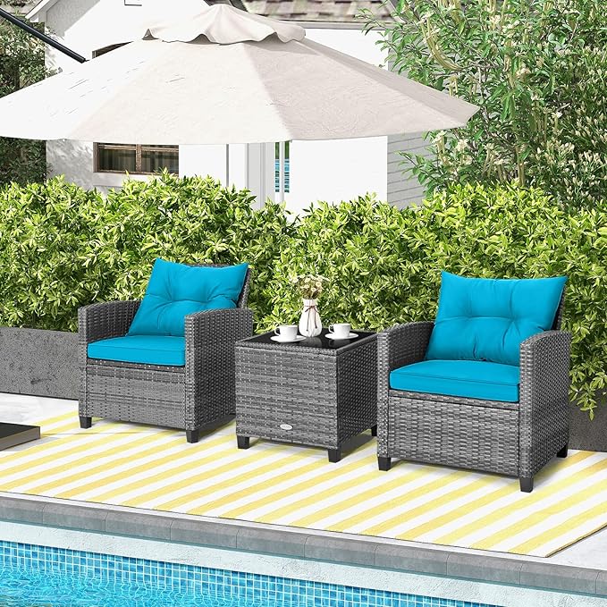 ORALNER Patio Furniture, 3 Pieces Outdoor Wicker Conversation Set Chairs with Soft Cushions and Glass Coffee Table, Rattan Bistro Set for Balcony Garden Deck Front Porch Poolside (Turquoise)