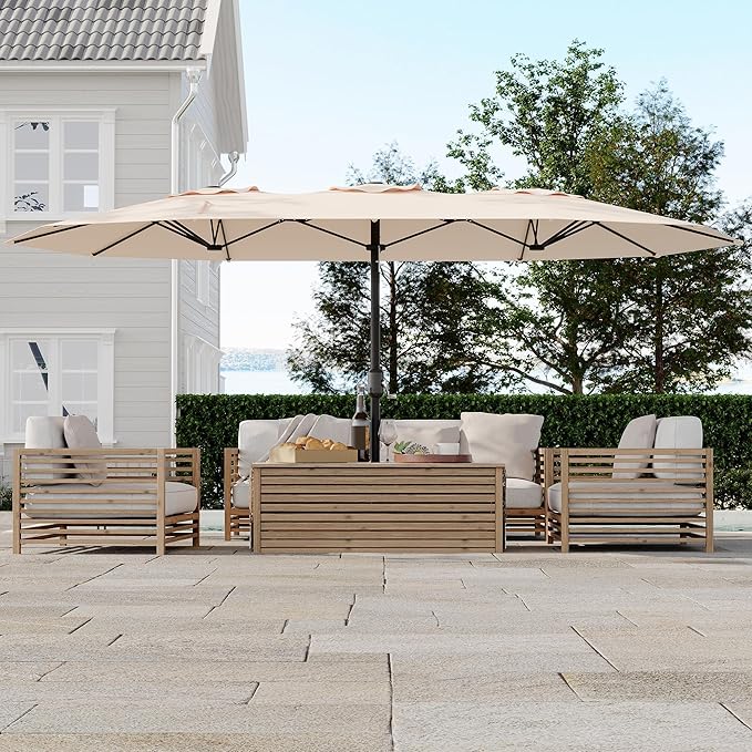 GarveeTech 15FT Double-Sided Rectangular Patio Umbrella with Base – Large Outdoor Market Umbrella for Poolside, Lawn & Backyard, Oversized Shade for 4-6 Person Tables