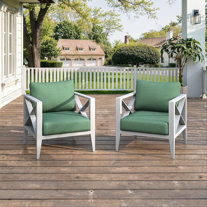 2 Piece Aluminum Patio Furniture Set, Modern Outdoor Patio Conversation Sets with Ergonomic Armhairs, 6" Thick Washable Cushions for Balcony, Porch, Backyard,White