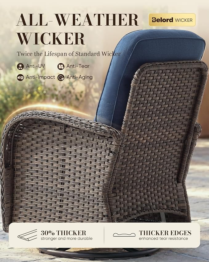 Belord Upgraded 6“ Cushion Luxury 10 Piece Patio Furniture Set - All Weather Wicker Outdoor Furniture with Swivel Rocker Patio Chairs, High Back Conversation Set for Deck Porch Yard - Brown/Blue