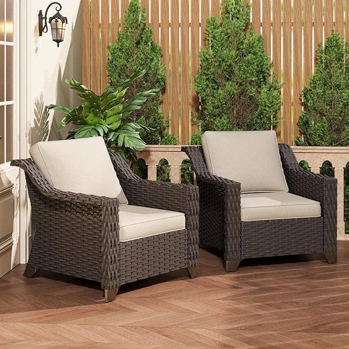 Patio 2 Pieces Wicker Chairs Set of 2，Outdoor PE Rattan Armchairs, Water-Resistant Cushions with Removable and Washable Covers, Porch, Balcony, Sunroom (Beige)