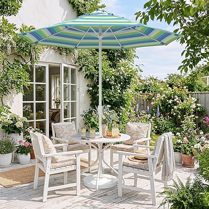 California Umbrella 12-Year Protection 7.5-Ft Outdoor Patio Umbrella, Sunbrella Fade-Resistant Fabric, Auto-Tilt, Heavy Duty Aluminum Frame, 8 Reinforced Ribs for Pool or Deck, White Pole, Seville Seaside