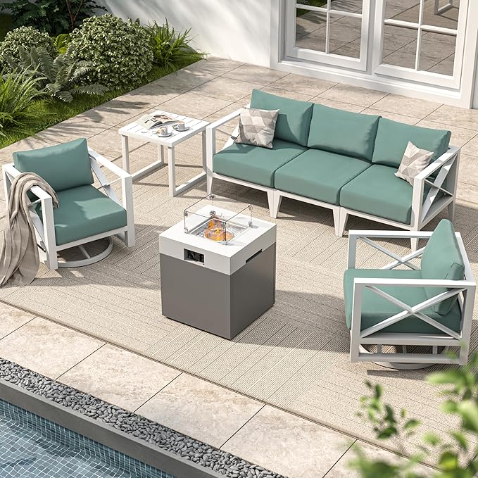 MBY Aluminum Patio Furniture Set with Fire Pit Table, 7-Piece All-Weather Outdoor Conversation Set with Swivel Rocking Chairs, Oversized Modern Sofa for Backyard,Deck,Balcony–White
