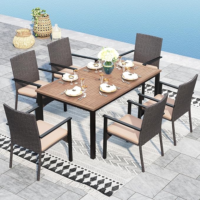 Sophia & William 7 Pieces Patio Dining Set for 6, Rectangular Patio Table and Chairs Set, Metal Outdoor Table and Rattan Chairs