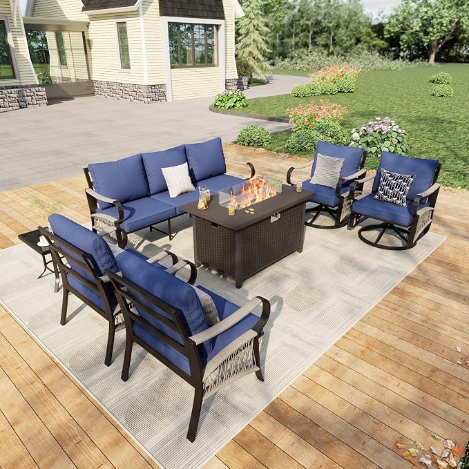 7 Pieces Patio Furniture Set, Metal Outdoor Conversation Sets with Fire Pit Table and Swivel Chairs for Backyard Garden Deck Porch Poolside (Thick Blue Cushions)