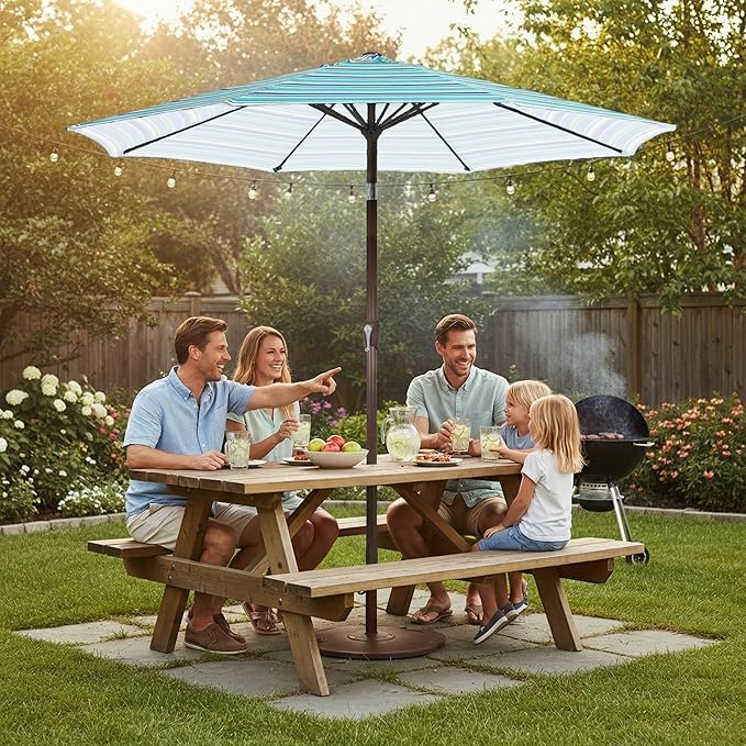9ft Patio Umbrella with Push Button Tilt and Crank,Outdoor Market Table Umbrella UV Protection 8 Sturdy Ribs for Backyard,Garden,Pool,Deck(Blue Green Stripes)
