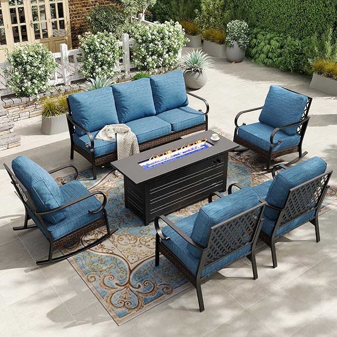 HERA'S HOUSE 6 Piece Metal Patio Furniture Set with 56" Fire Pit Table, All Weather Outdoor Conversation Set 7 Seats, 3 Seat Sofa, 2 Rocking Chair, 2 Fixed Chair for Backyard Garden Deck, Pacific Blue