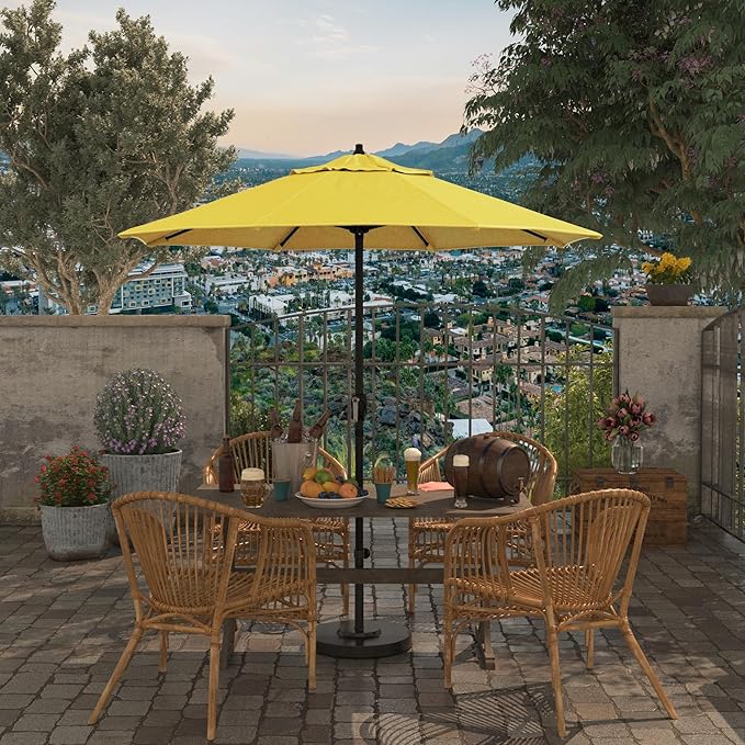 California Umbrella 7.5' Rd Aluminum Patio Umbrella, Crank Lift, Auto Tilt, Black Finish, Lemon