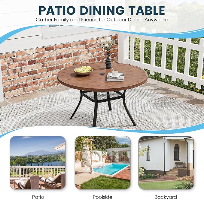 5 Pieces Patio Dining Set, 41" Round Dining Table with Umbrella Hole, 4 Stackable Textilene Fabric Chairs, Metal Structure for Patio, Porch, Garden(Walnut Table, Brown Chair)