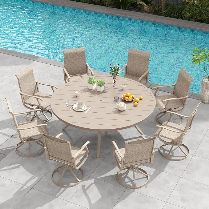 VICLLAX 60" Outdoor Round Patio Dining Table for 8-10, All Weather Metal Dining Table with Umbrella Hole for Deck Lawn Garden Backyard, Sandshell