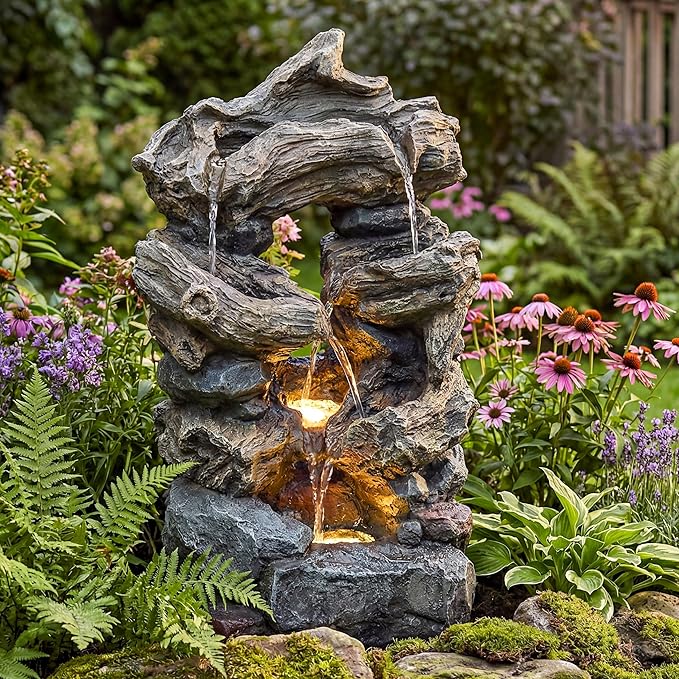 32-Inch Outdoor Water Fountain, 3-Tier Rainforest Trunk Tree Resin Outdoor Fountain with 2 LED Lights, Home Art Decor for Garden, Patio, Courtyard, Porch, Lawn or Deck in Dark Gray
