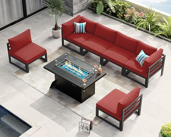 NICESOUL 6 Person Oversized Modular Aluminum Outdoor Furniture Set with Fire Pit Table, 29" Deep Wide Sectional Seating, 500 lbs High Weight Capacity Patio Conversation Set for Garden Deck, Burgundy