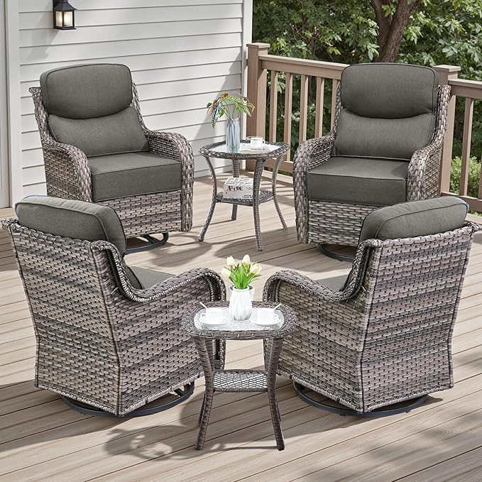 Rilyson Outdoor Patio Furniture Set - Weather Resistant Wicker,High Back,6 inch Cushions,6 Piece Patio Furniture Set with Swivel Rocker Chairs and Side Table for Deck Porch Yard,Mixed Grey/Blue
