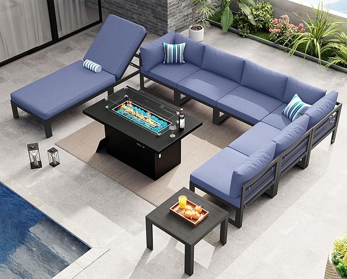 NICESOUL 9 Pcs Large Contemporary Aluminum Outdoor Furniture Set with Chaise Lounge & Fire Pit Table, 29" Deep Wide Couch Set, 500 lbs Heavy Duty Comfy Patio Sectional Sofa for Poolside, Denim Blue