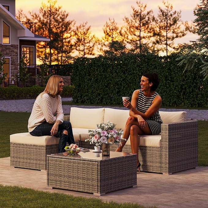 SUNVIVI OUTDOOR Outdoor Patio Furniture Set, 5 Piece Patio Conversation Set, Waterproof Wicker Patio Furniture Set, All Weather Combination Patio Conversation Sets with Cushions and Glass Table, Beige