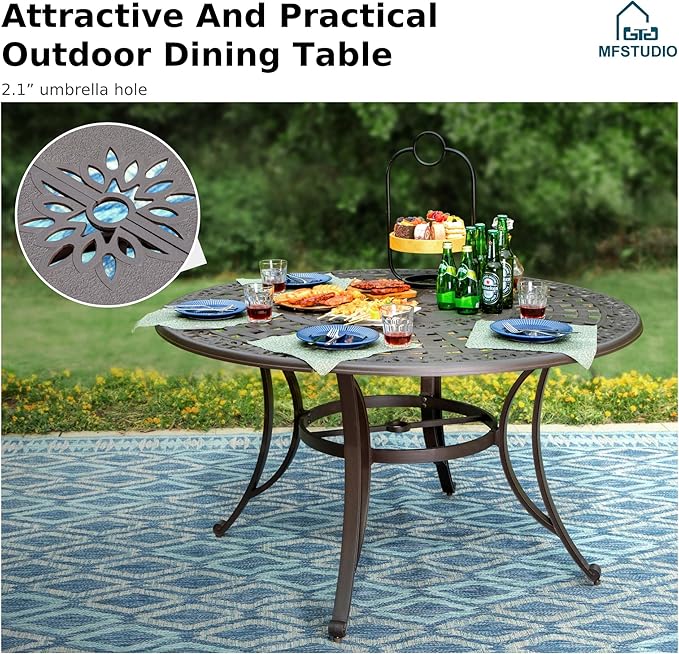 MFSTUDIO Round Outdoor Table and Chairs for 6, 7 Pieces Aluminum Outdoor Dining Sets for 6, Patio 54’’ Table and Chairs with Thick Cushions, Cast Aluminum Patio Dining Table Furniture Set