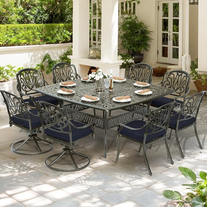 9-Piece Patio Cast Aluminum Dining Set, Outdoor Dining Furniture Set for 8 Person, Includes 64" Square Table, 6 Stationary and 2 Swivel Dining Chairs with Umbrella Hole, Navy Blue