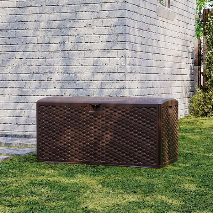 120 Gallon Waterproof Resin Deck Box, Large Lockable Outdoor Storage Container with Hydraulic Rod, 500 LBS Capacity Bench for Patio, Garden, Pool & Indoor Use, Ideal for Cushions, Tools, Toys